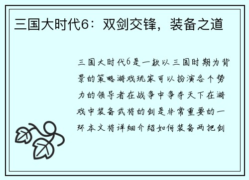 三国大时代6：双剑交锋，装备之道