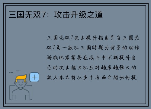 三国无双7：攻击升级之道